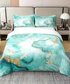 100% Organic Cotton Teal Blue Marble Texture Comforter Cover Full Size,Stone Pattern Bedding Set For Adult Teens,Turquoise Pattern Duvet Cover,Fuid Marble Abstract Art Bedspread Cover,Soft Warm