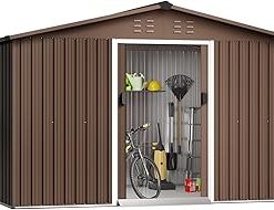 Zstar 12 x 10 FT Outdoor Storage Shed, Waterproof Storage House with Sloping Roof & Lockable Doors, Steel Utility Tool Shed, Large Metal Tool Sheds for Backyard Garden Patio Lawn, Brown