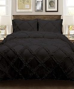 1 Piece Cross Diamond Ruffle Comforter with Zipper & Corner Ties 400 GSM 100% Egyptian Cotton Premium Hotel Class Bedding (Oversized King, Black)