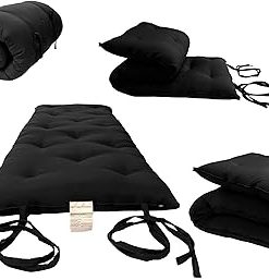 yoyomax Futon Couch, Modern Faux Leather Futon Sofa Bed with 2 Cup Holders and Pillows, Convertible Folding Futon Couch for Compact Living Space, Dorm, RV, Offices, Black