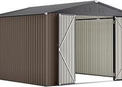 10' x 10' Metal Storage Shed for Outdoors - Brown Steel Yard Shed with Lockable Doors, Garage & Garden Storage Solutions