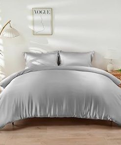 100% Silk Duvet Cover 3 Piece Set, 22 Momme Mulberry Silk Duvet Cover, Cooling, Breathable, Easy Care Zipper Closure, 1 PC Duvet Cover 2 Pillowcases (Grey, Queen), No Comforter