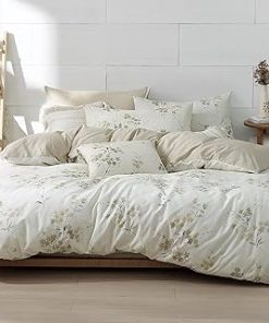 100% Natural Cotton Duvet Cover King Size,Floral Design with Luxurious Grey Branches & Subtle Beige Blossoms on Cream,Reversible Ivory Bed Sets 3Pcs,Button Closure(104"×90")