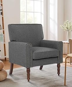 yoyomax Mid Century Modern Accent Living Room Linen Fabric Arm Upholstered, Nail-Head Trim Single Sofa Side Chair for Bedroom, Suitable for Reading, Reception, Office-Dark Gray