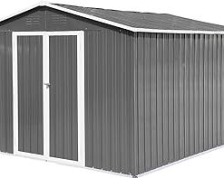 10x8 FT Outdoor Metal Garden Shed, Galvanized Steel Large Storage Sheds with Lockable Doors, Weatherproof Tool House with Pitched Roof & Punched Vents for Backyard Lawn, Gray + White