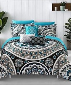 10 Piece Black Comforter Queen Size Paisley Pattern Gray and Aqua Blue Shade Smooth Glamorous Extra Soft Ultra Plush Gorgeous | All Season Boho Bedding Grey Aesthetic Coastal Farmhouse Bohemian Neat