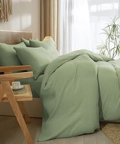 100% Muslin Cotton Duvet Cover Set Queen Size Green, Soft Breathable Minimalist Gauze Linen Like Comforter Cover, Luxury Lightweight Double-Layer Cotton Muslin Gauze Bedding Set