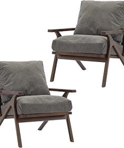 ZHENGHAO Mid Century Retro Armchair, Upholstered Accent Reading Chair with Wood Frame and Detachable Cushions for Small Space, Fabric Arm Chair for Living Room Bedroom Fireplace (Grey)