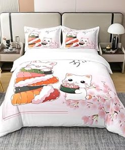 100% Cotton Kawaii Cat Duvet Cover Queen Size Pink Cherry Blossom Japanese Style Bedding Set for Kids Girls Teens Cartoon Sushi Lovely Animal Decor Comforter Cover with 2 Pillowcases(No Comforter)