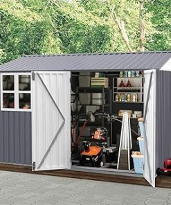 10FT x 8FT Outdoor Storage Shed, Heavy Duty Galvanized Steel Tool Shed with Window, Air Vents, Sloped Roof & Double Lockable Door, Weatherproof Outside Storage House for Garden, Backyard, Patio, Lawn