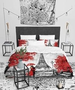 1 Piece Red and Gray Velvet Comforter King Velveteen with Faux Sherpa Backing Comfortable Smooth Extra Soft Ultra Plush Cozy | All Season Grey Bedding Eiffel Tower Print White Shade Beautiful Rose