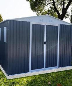 10FTx8FT Metal Utility Tool House with Lockable Door, Garden Shed Apex Roof with Windows and Aluminum Alloy Frame, Grey