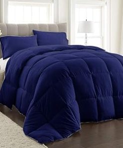 1 Piece Cotton Comforter 400 Thread Count 600 GSM Corner Tabs Box Stitched Down Ultra Soft Luxury Hotel Quality Comfortable Bedding (Navy Blue, Oversized King)