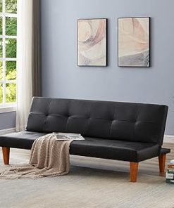 ele ELEOPTION PU Leather Sofa Bed Couch, Convertible Folding Futon Sofa Bed, Recliner Sleeper for Home Living Room