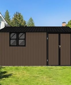 10x12 FT Outdoor Storage Shed,Aluminum Waterproof Tool Sheds with Window,Heavy-Duty Sheds Unit w/Door and Vents,for Storing Bicycles,Lawnmowers,Barbeques,Brown