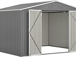10X8 FT Outdoor Storage Shed, All Weather Metal Sheds withLockable Doors, Tool Shed for Garden, Backyard, Lawn, GreyC