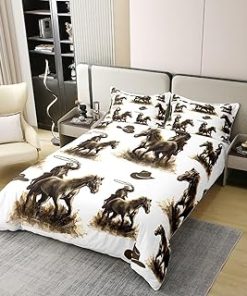 100% Natural Cotton Western Cowboy Bedding Set King Size Horse Pattern Duvet Cover Luxury Light Rustic Farmhouse Comforter Cover for Men Women Room