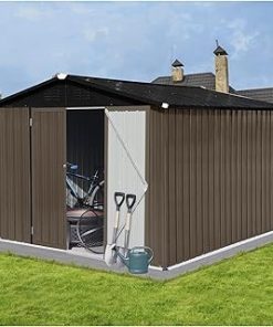 10x8FT Outdoor Metal Storage Shed with Waterproof Roofs, Lockable Doors, Air Vent Durable House Storage Sheds for Patio, Backyard, Lawn, Garden Brown - One Size