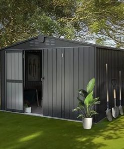 11x12.5 FT Outdoor Storage Shed, Lockable Galvanized Steel Garden Shed Storage Cabinet, Metal Waterproof Tool Sheds for Backyard Garden Patio Lawn (Grey, 11x12.5 ft)