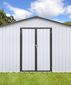 10ft x 12ft Metal Tool Shed, Outdoor Storage with Vents, Strong Aluminum Frame - White & Grey Combo