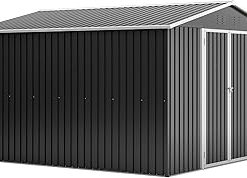 10x10 FT Outdoor Storage Shed, Metal Tool Garage with Lockable Doors for Backyard, Patio & Lawn | Black