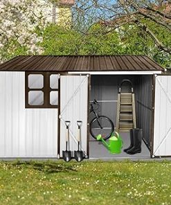10'x8' Outdoor Metal Storage Shed with Lockable Door for Patio Furniture and Tools White&Brown