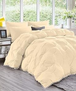 1 Piece White Pom Pom Fringe Pinch Pleated Comforter | 1000 Thread Count 100% Egyptian Cotton, Super Soft (Oversized Super King Size Ivory Color) 550 GSM Filling
