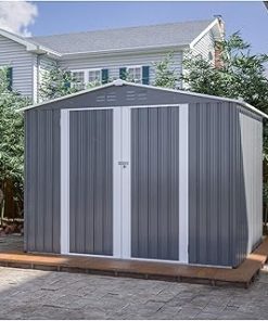 10X8 FT Outdoor Storage Shed, All Weather Metal Sheds with Metal Foundation & Lockable Doors, Tool Shed for Garden, Patio, Backyard, Lawn, Grey (Size : B)