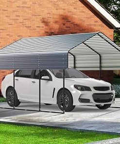 10'x15' Heavy Duty Metal Carport, Outdoor Garage Car Shelter Shade with Heavier Metal Frame, Galvanized Metal Roof for Car and Boats, Grey
