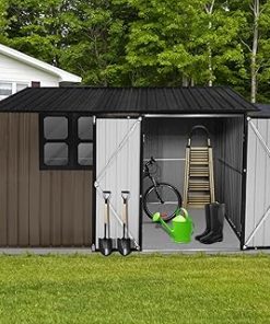 10×8FT Outdoor Metal Storage Garden Sheds Heavy Duty Gazebos Shed with Window and Punched Vents,Hinged Door & Padlock,for Backyard Garden Patio Lawn Bike,Brown