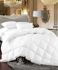 1 Piece White Vintage Pom-Pom Fringe, Box Design Comforter 1000 Thread Count 100% Egyptian Cotton - (Full/Queen Size, White Color) 550 GSM Filling