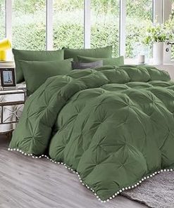 1 Piece White Pom Pom Fringe Pinch Pleated Comforter | 1000 Thread Count 100% Egyptian Cotton, Super Soft (King/California King Size Moss Color) 550 GSM Filling