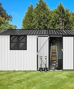 10x12 FT Outdoor Storage Shed,Metal Aluminum Waterproof Tool Shed with Window,Heavy-Duty Sheds Unit w/Door and Vents,for Storing Bicycles,Lawnmowers,Barbeques,White+Black