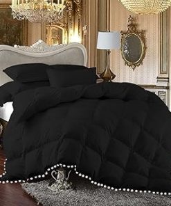 1 Piece White Vintage Pom-Pom Fringe, Box Design Comforter 1000 Thread Count 100% Egyptian Cotton - (Full/Queen Size, Black Color) 550 GSM Filling