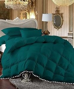 1 Piece White Vintage Pom-Pom Fringe, Box Design Comforter 1000 Thread Count 100% Egyptian Cotton - (Full/Queen Size, Teal Color) 550 GSM Filling
