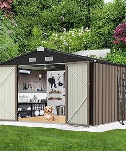 10.43x11.94 FT Shed Outdoor Storage Shed House, Heavy Duty Steel Metal Sheds with Doors for Patio Garden Backyard, Large Cabinet to Store Bikes Tools, Ventilated & Waterproof (Brown)