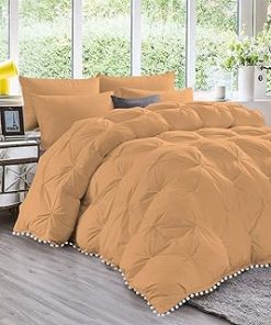 1 Piece White Pom Pom Fringe Pinch Pleated Comforter | 1000 Thread Count 100% Egyptian Cotton, Super Soft (Full/Queen Size Sand Color) 550 GSM Filling