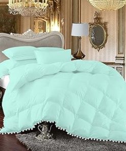 1 Piece White Vintage Pom-Pom Fringe, Box Design Comforter 1000 Thread Count 100% Egyptian Cotton - (Full/Queen Size, Aqua Blue Color) 550 GSM Filling
