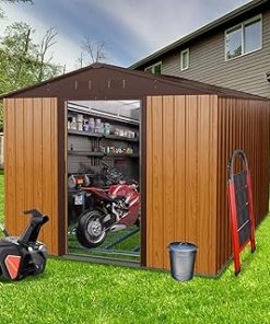 10ft x 8ft Outdoor Metal Storage Shed with Metal Floor Base, Coffee