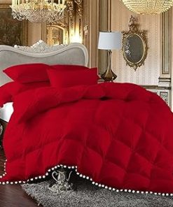 1 Piece White Vintage Pom-Pom Fringe, Box Design Comforter 1000 Thread Count 100% Egyptian Cotton - (Full/Queen Size, Red Color) 550 GSM Filling