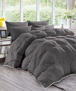 1 Piece White Pom Pom Fringe Pinch Pleated Comforter | 1000 Thread Count 100% Egyptian Cotton, Super Soft (Oversized Super King Size Dark Grey Color) 550 GSM Filling