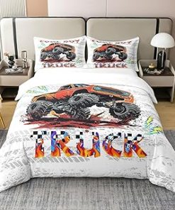 100% Cotton Truck Duvet Cover Twin Size 2 Pcs Grey Car Tire Print Graffiti Stripes Bedding Set for Kids Boys Teens Cartoon Lightning Western Off-Road Vehicle Quilt Cover,1 Pillowcase(No Comforter)