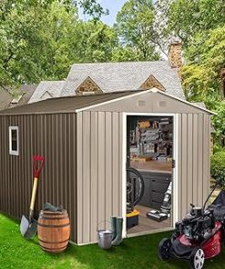 10×8FT Outdoor Metal Storage Shed Large Garden Sheds with Floor Base & Window,Sliding Doors and Padlock for Garden,Backyard,Lawn,Easy to Assemble,Grey