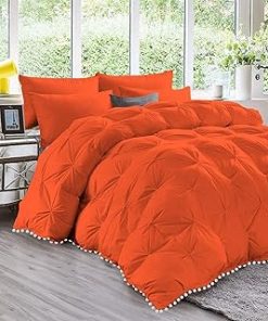 1 Piece White Pom Pom Fringe Pinch Pleated Comforter | 1000 Thread Count 100% Egyptian Cotton, Super Soft (Twin/Twin XL Size Orange Color) 550 GSM Filling