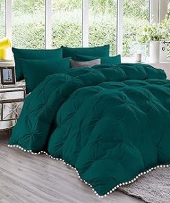 1 Piece Beautiful Looking Pom Pom Pinch Pleated Comforter 800 Thread Count 100% Egyptian Cotton, White Vintage Pom-Pom Fringe Super Soft (Oversized Super King Size Teal Color)