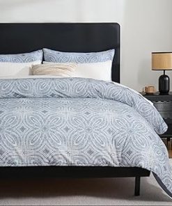 Zusbest Duvet Cover Queen Flannel-Like for Extra Soft 100% Cotton Reversible Grey Navy Blue Modern Bedding, Patterned Bed Cover Luxury Classic Printed Zipper Comforter Cover Set 3 Pieces- No Filling
