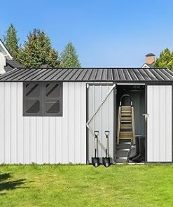 10x12 FT Metal Aluminum Outdoor Storage Shed,Waterproof Tool Sheds with Window,Heavy-Duty Sheds Unit w/Door and Vents,for Storing Bicycles,Lawnmowers,Barbeques,White+Grey
