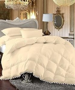 1 Piece White Vintage Pom-Pom Fringe, Box Design Comforter 1000 Thread Count 100% Egyptian Cotton - (Full/Queen Size, Ivory Color) 550 GSM Filling