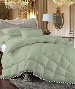 1 Piece White Vintage Pom-Pom Fringe, Box Design Comforter 1000 Thread Count 100% Egyptian Cotton - (Full/Queen Size, Light Sage Color) 550 GSM Filling