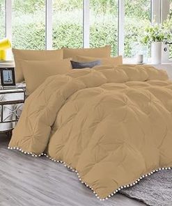 1 Piece White Pom Pom Fringe Pinch Pleated Comforter | 1000 Thread Count 100% Egyptian Cotton, Super Soft (Oversized Super King Size Green Color) 550 GSM Filling